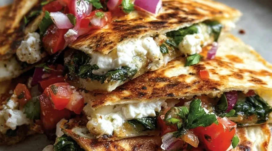 Mediterranean Quesadillas with spinach, feta, mozzarella, and red onion on a plate.