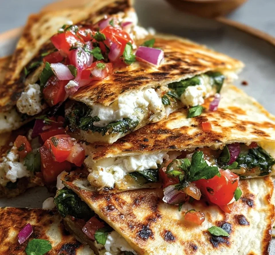 Mediterranean Quesadillas with spinach, feta, mozzarella, and red onion on a plate.