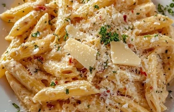 One Pot Creamy Garlic Pasta dish garnished with herbs