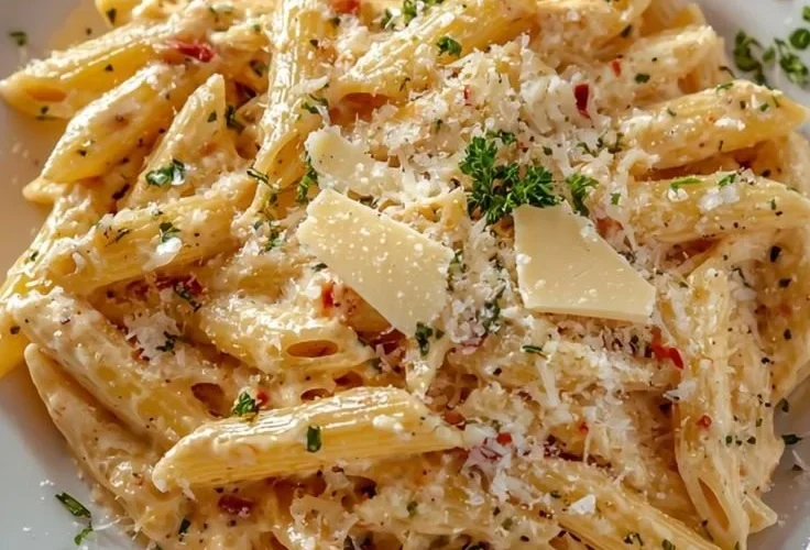 One Pot Creamy Garlic Pasta dish garnished with herbs