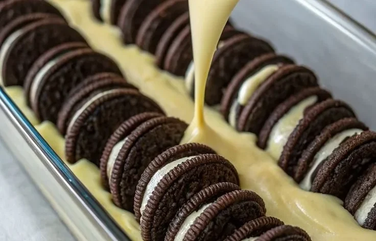Delicious Oreo Dump Cake topped with crushed Oreos and chocolate frosting.