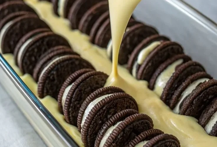 Delicious Oreo Dump Cake topped with crushed Oreos and chocolate frosting.
