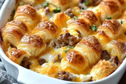 Overnight croissant breakfast casserole served on a plate
