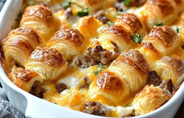 Overnight croissant breakfast casserole served on a plate