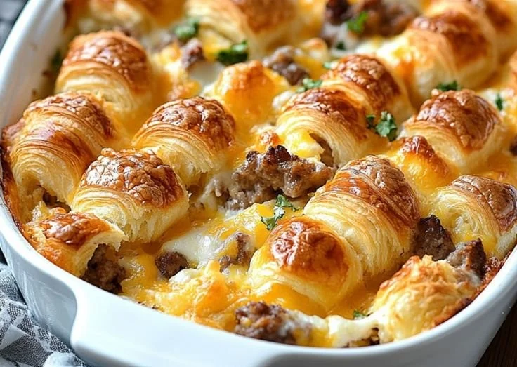 Overnight croissant breakfast casserole served on a plate