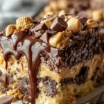 Delicious Peanut Butter Cup Dump Cake topped with peanut butter cups and chocolate.