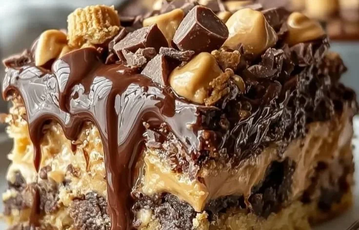 Delicious Peanut Butter Cup Dump Cake topped with peanut butter cups and chocolate.