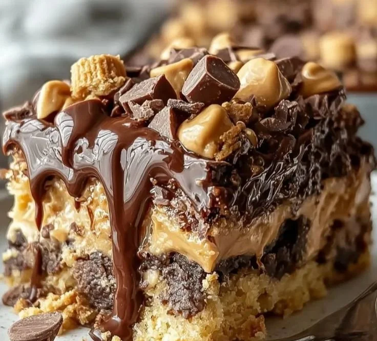 Delicious Peanut Butter Cup Dump Cake topped with peanut butter cups and chocolate.