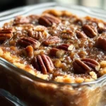 Delicious pecan pie dump cake topped with nuts and caramel sauce