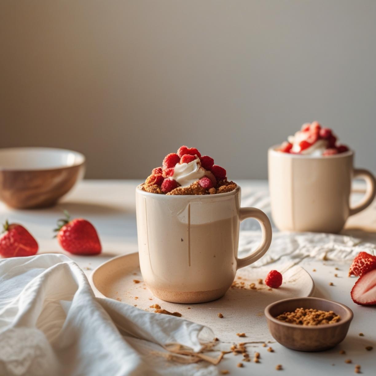 Finished protein mug cake with a spoon and toppings