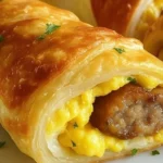 Sausage egg breakfast roll-ups served on a plate.