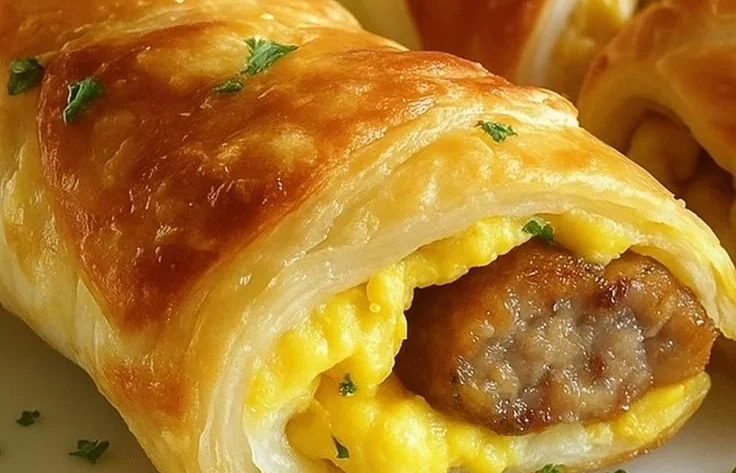 Sausage egg breakfast roll-ups served on a plate.