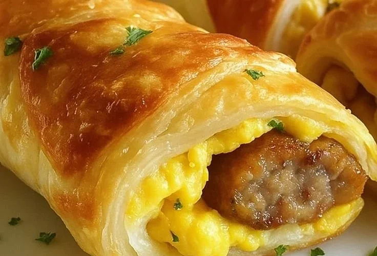 Sausage egg breakfast roll-ups served on a plate.