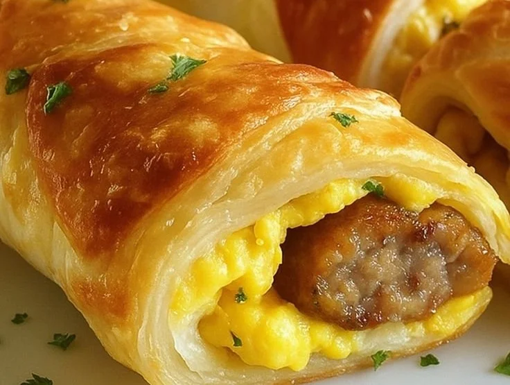 Sausage egg breakfast roll-ups served on a plate.