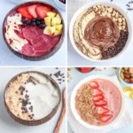 A colorful smoothie bowl topped with fresh fruits, nuts, and seeds