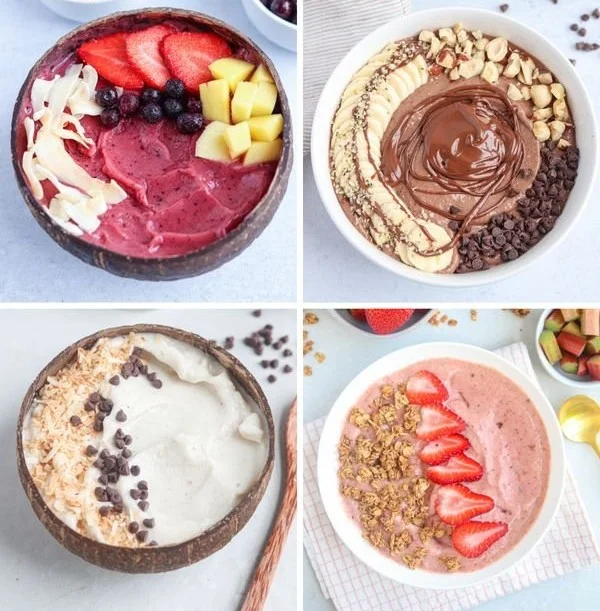 A colorful smoothie bowl topped with fresh fruits, nuts, and seeds