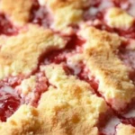 Delicious strawberry cheesecake dump cake topped with fresh strawberries