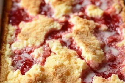 Delicious strawberry cheesecake dump cake topped with fresh strawberries