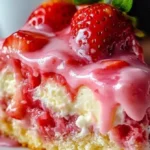 Delicious Strawberry Earthquake Cake topped with strawberries and cream