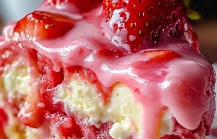 Delicious Strawberry Earthquake Cake topped with strawberries and cream