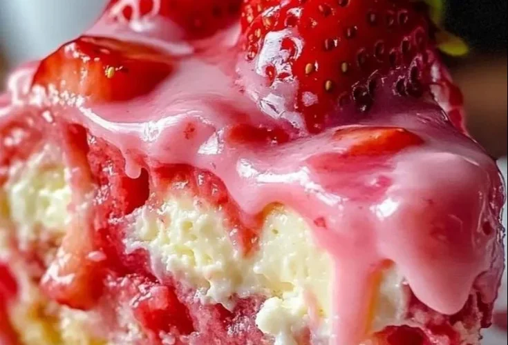 Delicious Strawberry Earthquake Cake topped with strawberries and cream