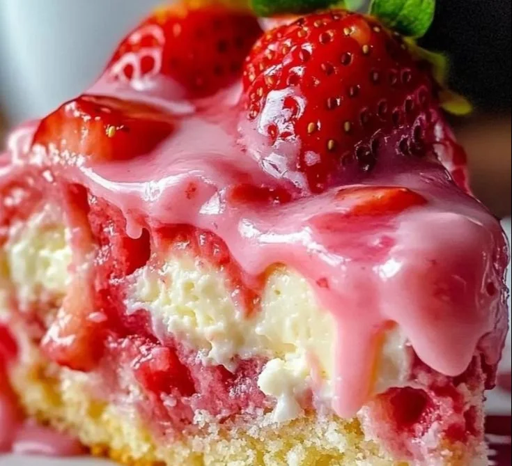 Delicious Strawberry Earthquake Cake topped with strawberries and cream