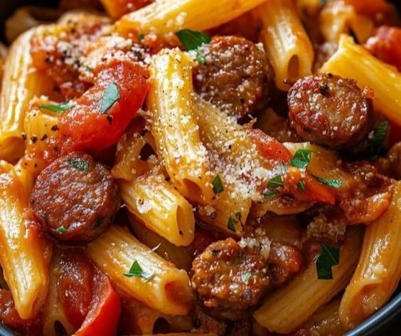 Delicious sweet pepper sausage pasta served in a bowl with fresh herbs.