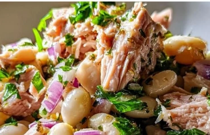 Healthy Tuna and White Bean Salad in a bowl with fresh ingredients
