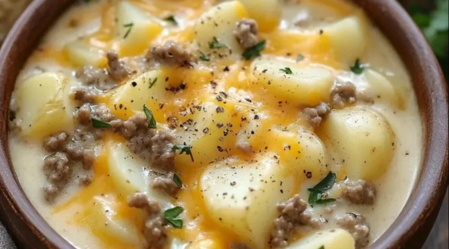 Delicious bowl of cheesy hamburger potato soup garnished with herbs