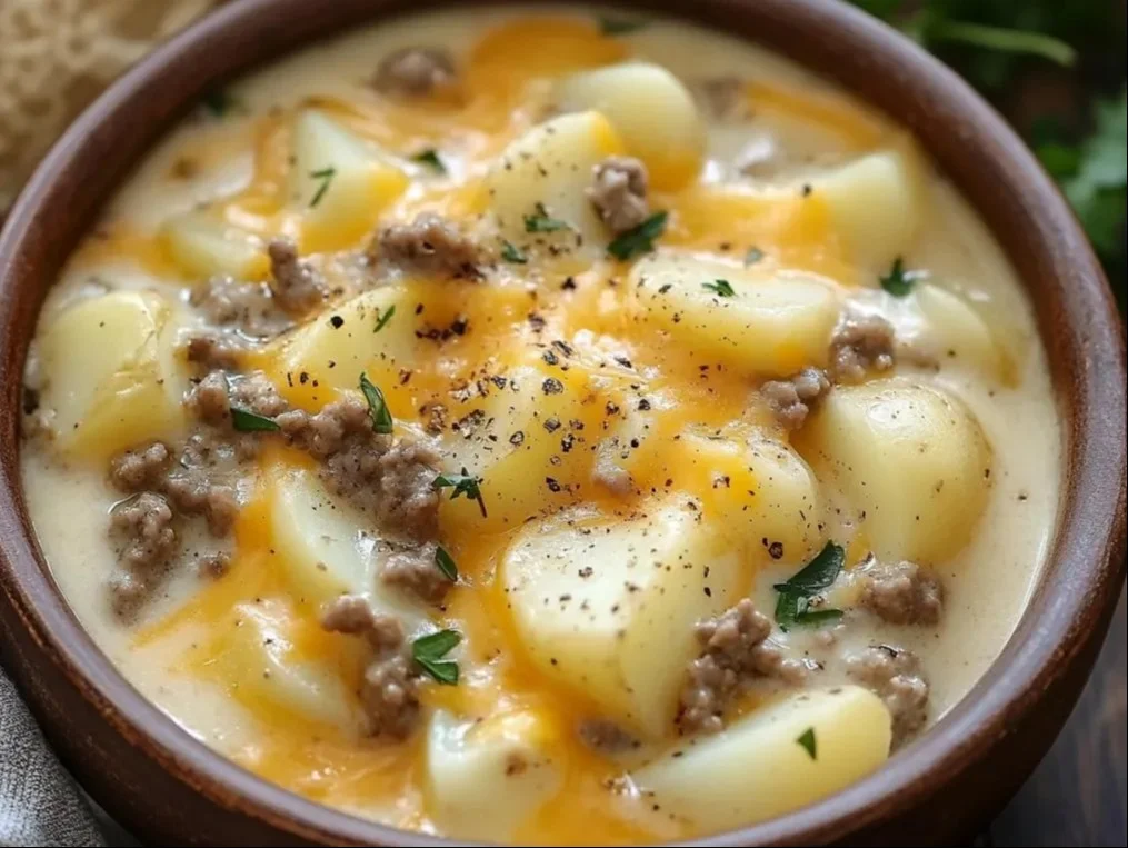 Delicious bowl of cheesy hamburger potato soup garnished with herbs