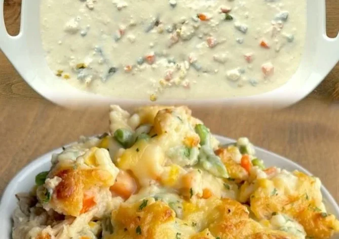 Delicious Chicken Biscuit Casserole served in a baking dish