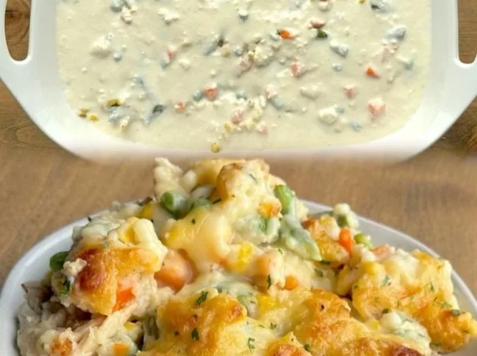 Delicious Chicken Biscuit Casserole served in a baking dish