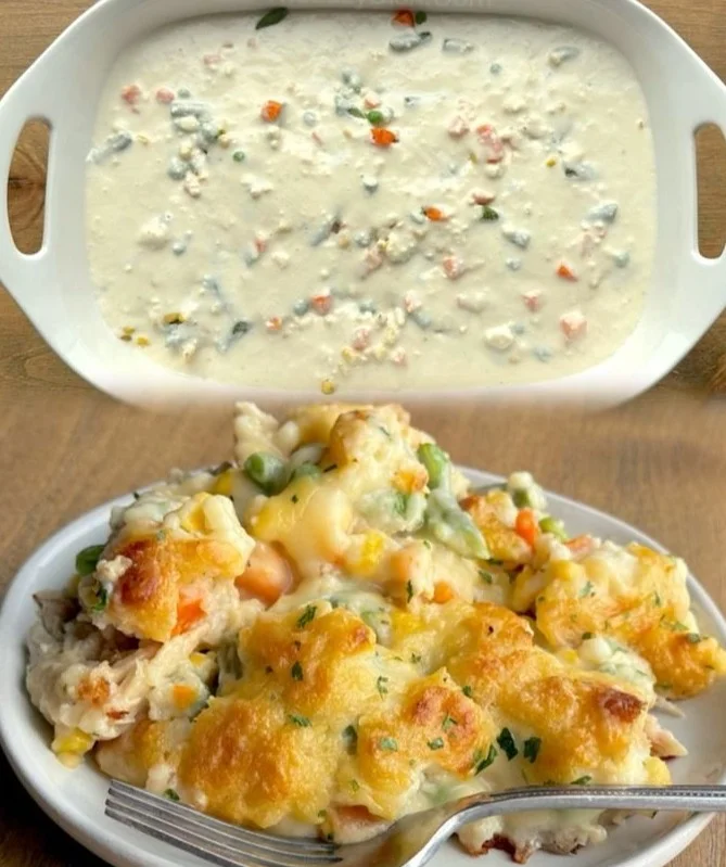 Delicious Chicken Biscuit Casserole served in a baking dish