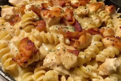 Delicious Chicken Bacon Ranch Pasta topped with crispy bacon and herbs