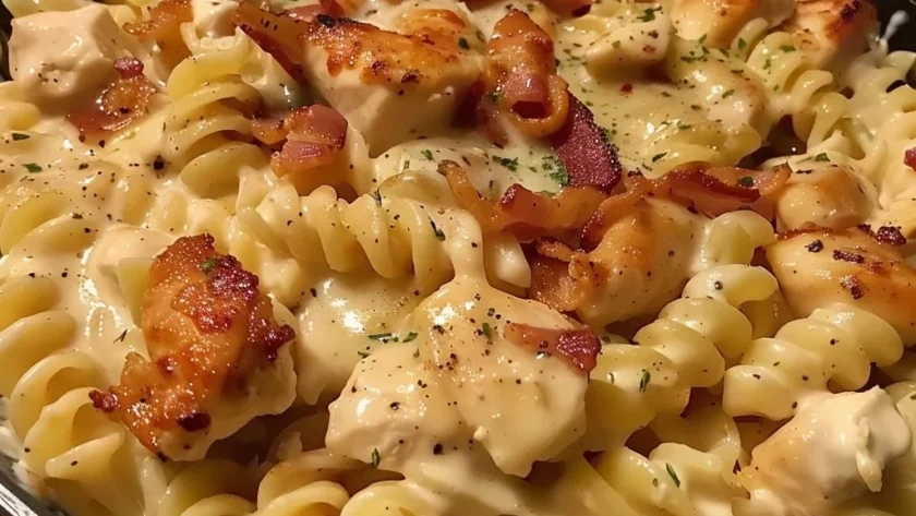 Delicious Chicken Bacon Ranch Pasta topped with crispy bacon and herbs