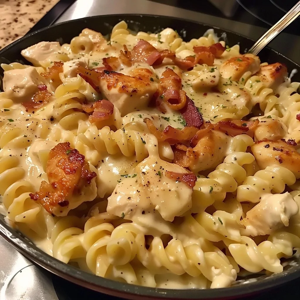 Delicious Chicken Bacon Ranch Pasta topped with crispy bacon and herbs
