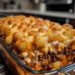Chili Cheese Tater Tot Casserole topped with cheese and chili peppers.