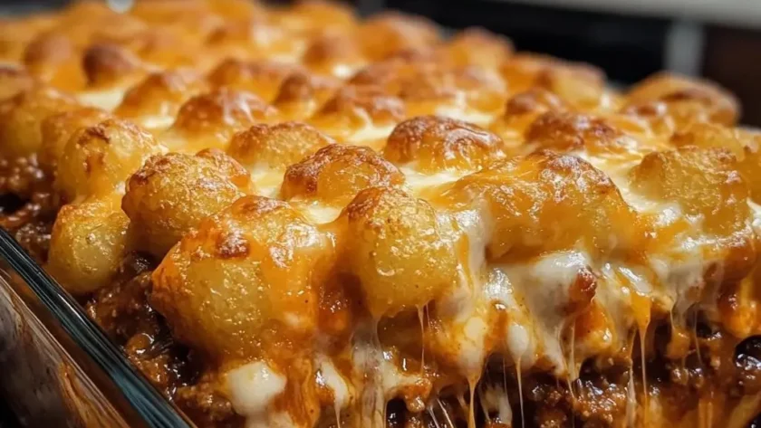 Chili Cheese Tater Tot Casserole topped with cheese and chili peppers.