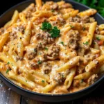 Delicious creamy beef pasta served in a bowl with herbs and grated cheese