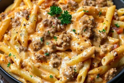 Delicious creamy beef pasta served in a bowl with herbs and grated cheese