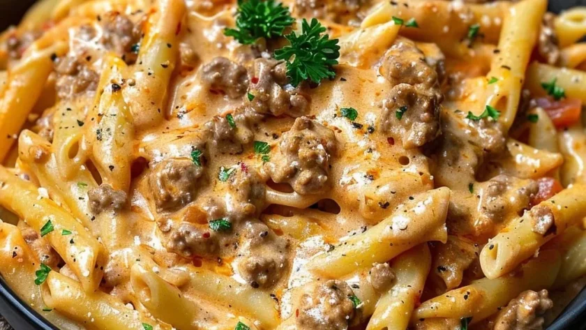 Delicious creamy beef pasta served in a bowl with herbs and grated cheese