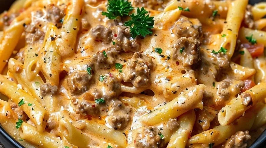 Delicious creamy beef pasta served in a bowl with herbs and grated cheese