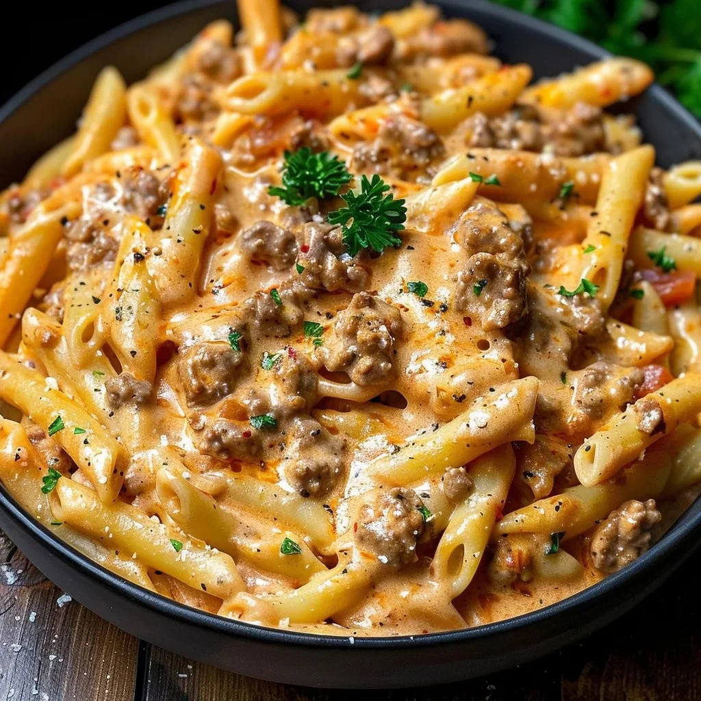 Delicious creamy beef pasta served in a bowl with herbs and grated cheese