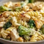 Creamy rotisserie chicken broccoli pasta dish served on a plate