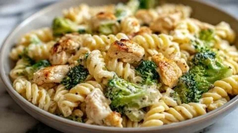 Creamy rotisserie chicken broccoli pasta dish served on a plate