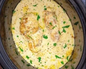 Crock Pot Angel Chicken dish featuring tender chicken in creamy sauce