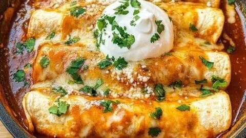 Plate of delicious chicken enchiladas topped with cheese and fresh garnishes