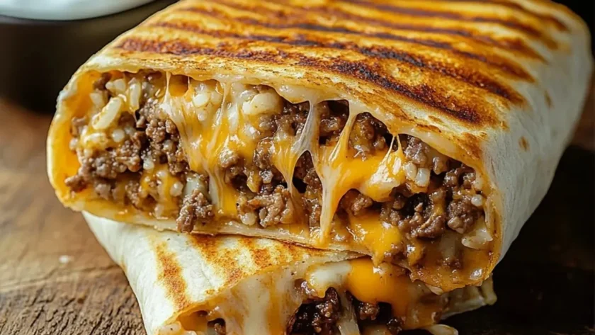Delicious grilled cheese burrito with melted cheese and crispy tortilla