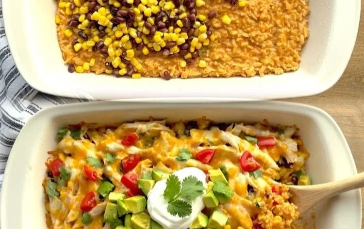 Delicious Mexican Chicken and Rice Casserole topped with cheese and spices