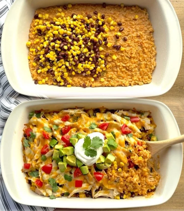 Delicious Mexican Chicken and Rice Casserole topped with cheese and spices